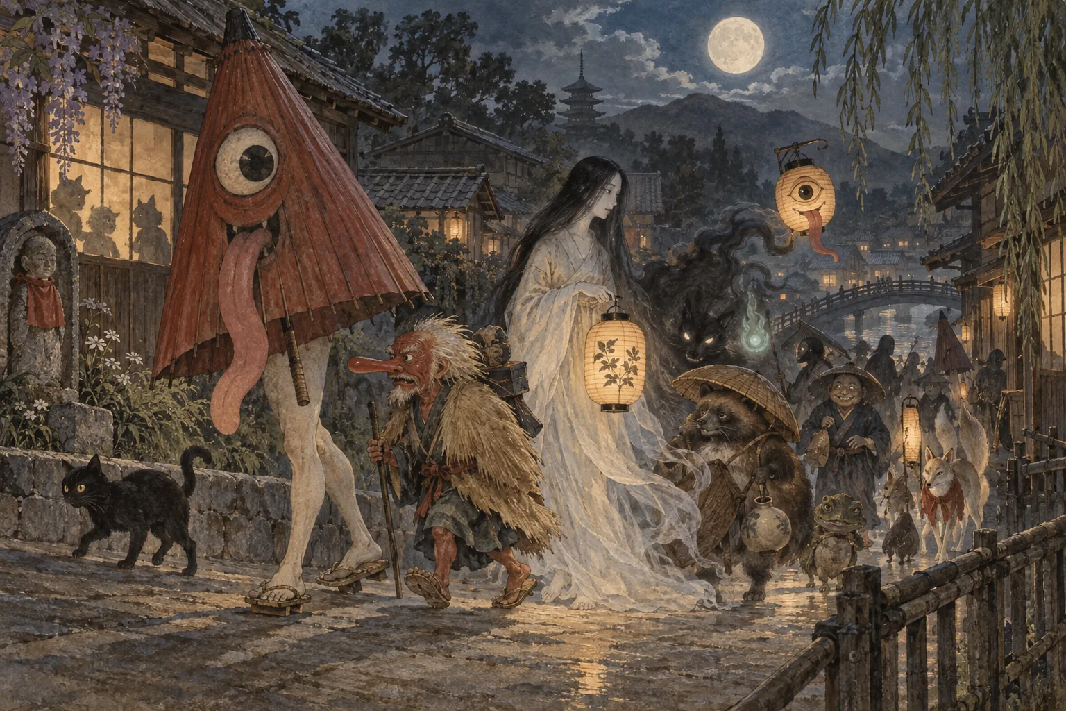 月夜の村道を進むさまざまな日本の妖怪