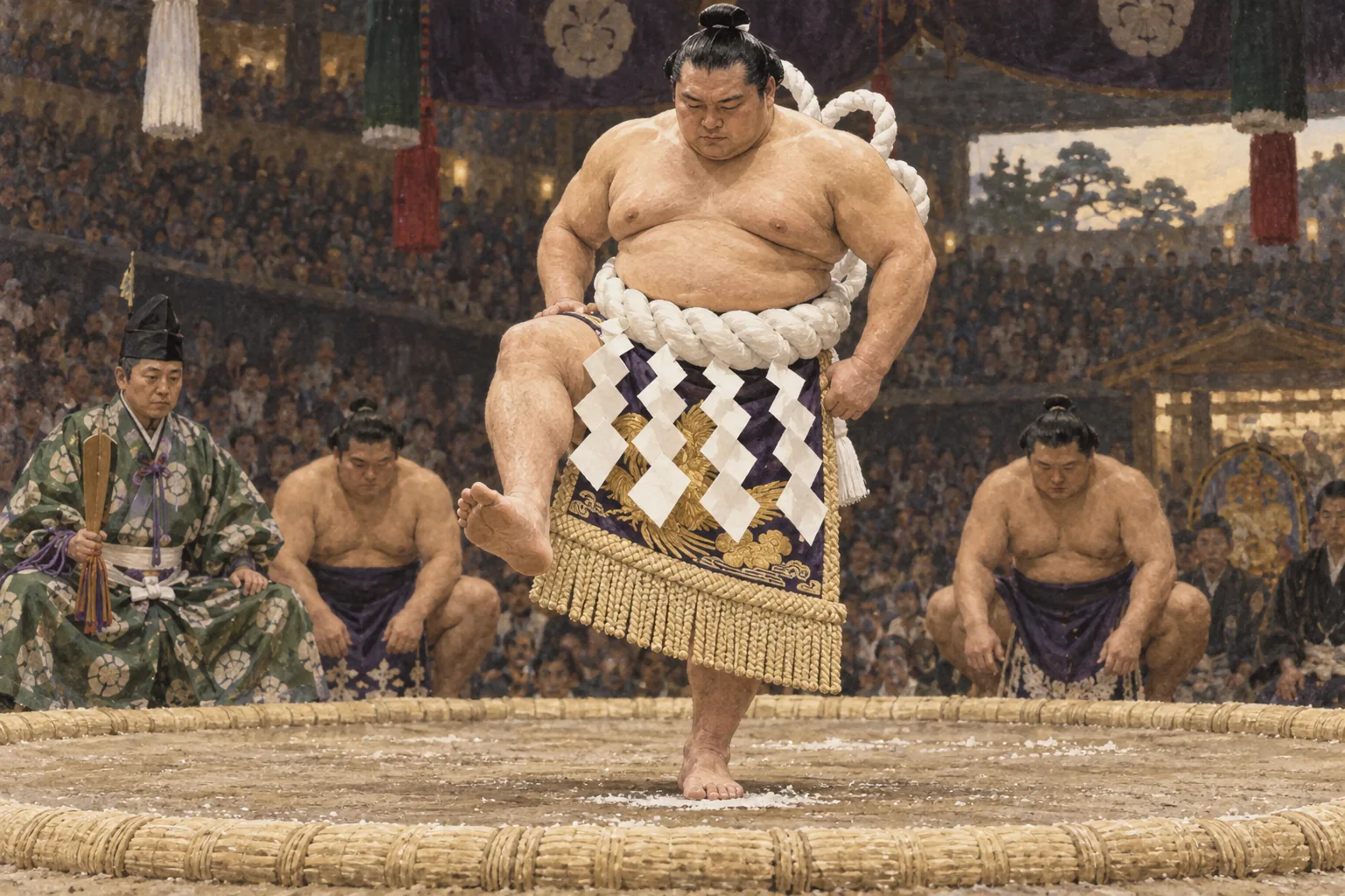 白い綱を締めて土俵入りを行う横綱