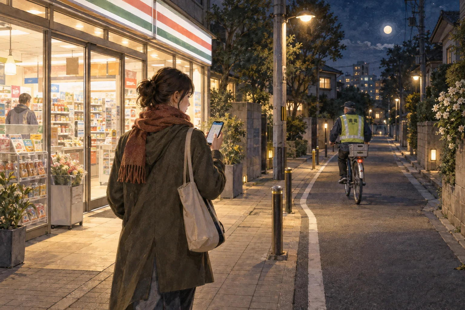 明るい道を選んで夜の住宅街を歩く人