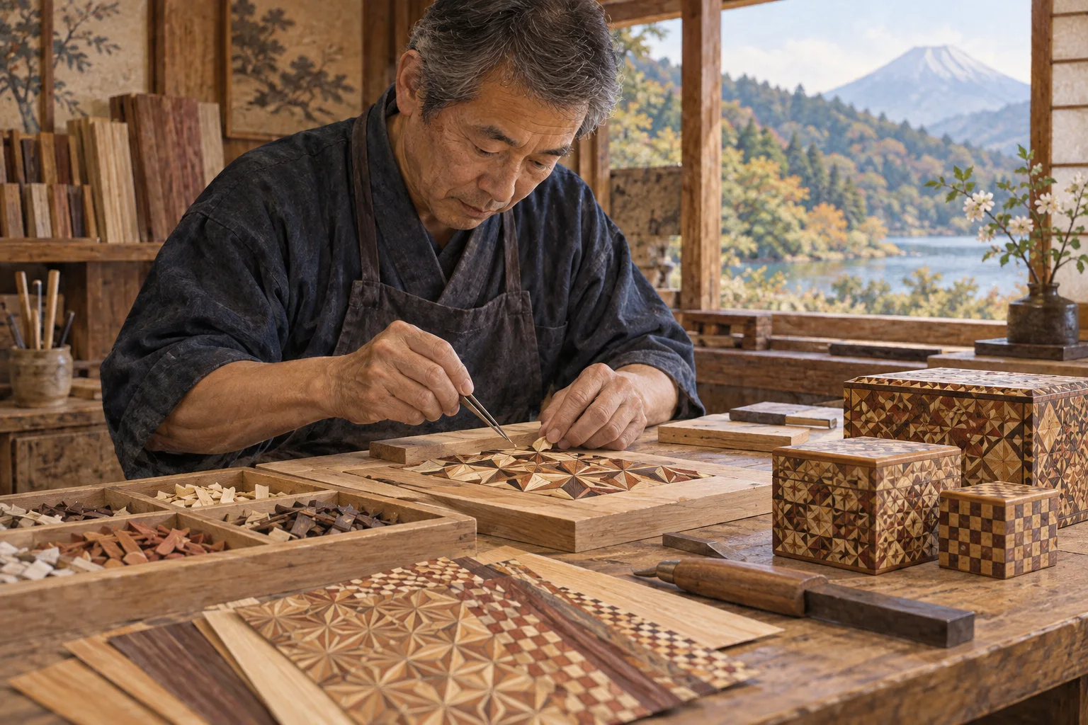箱根の工房で寄木細工の幾何学模様を組む職人