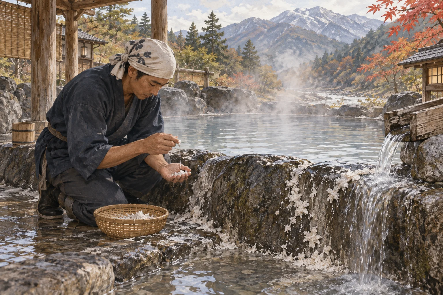 露天風呂の岩に付着した白い湯の花を確かめる管理人