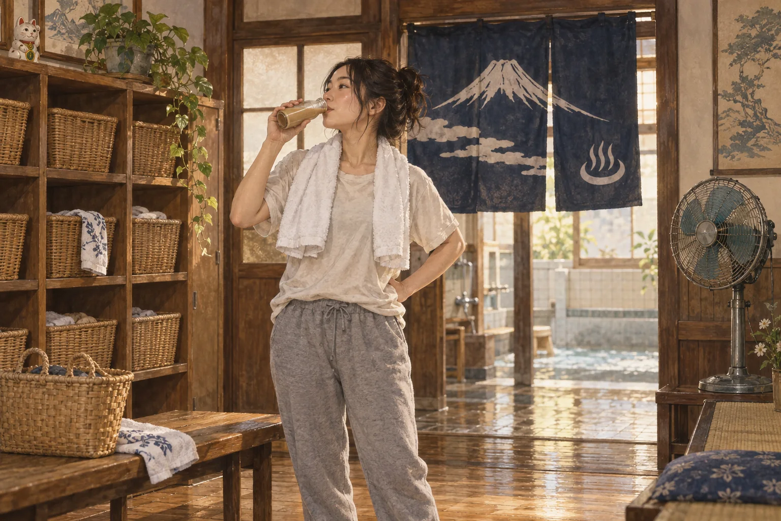 銭湯の休憩所で風呂上がりにコーヒー牛乳を飲む人