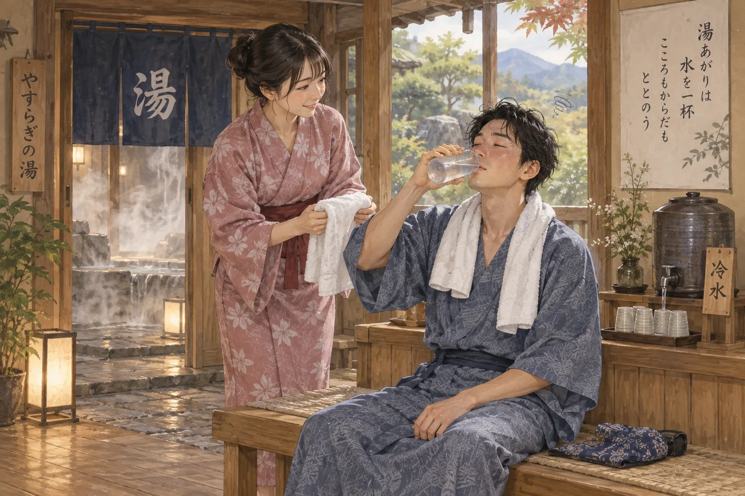 温泉でのぼせて休憩所で水分を取る旅行者