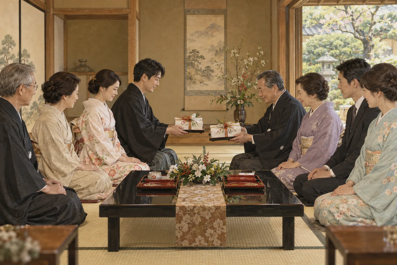 両家が集まり結納の品を交わす様子