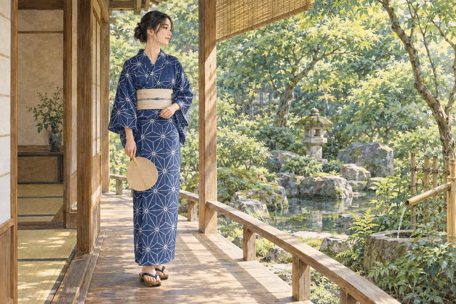 夏の縁側に立つ、藍色の浴衣と淡い色の帯を身に着けた人