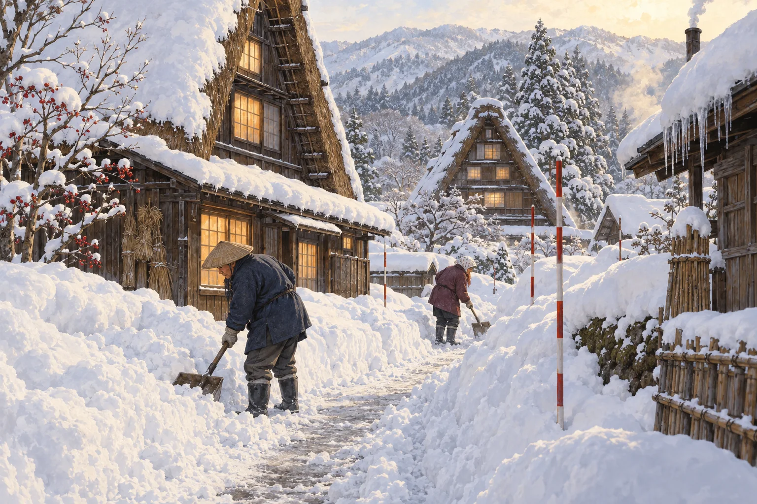 豪雪地帯で家々の間の雪かきをする住民
