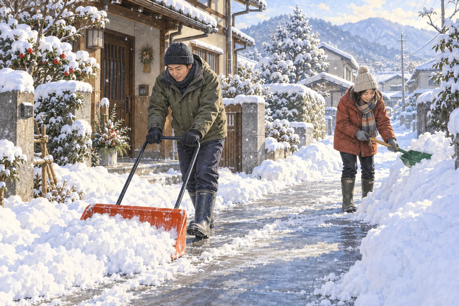 玄関前の雪をかく住民