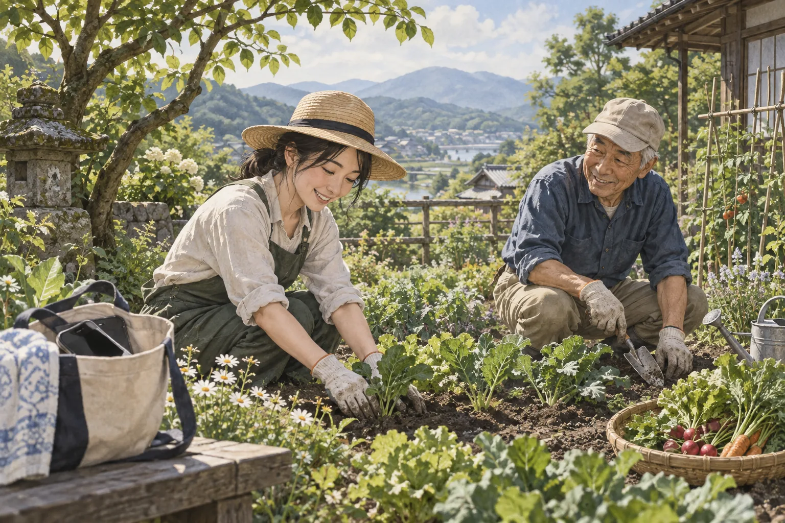 有給休暇を取り平日に家族と畑仕事をする会社員