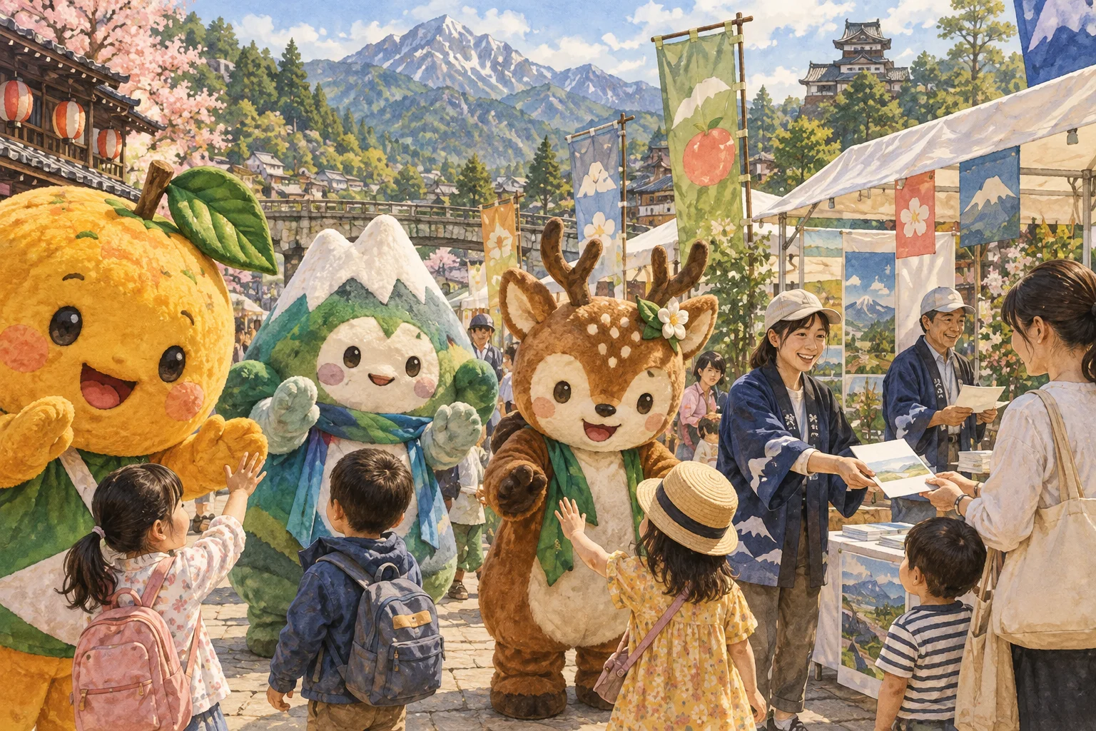 地域イベントで家族を迎えるご当地マスコットたち