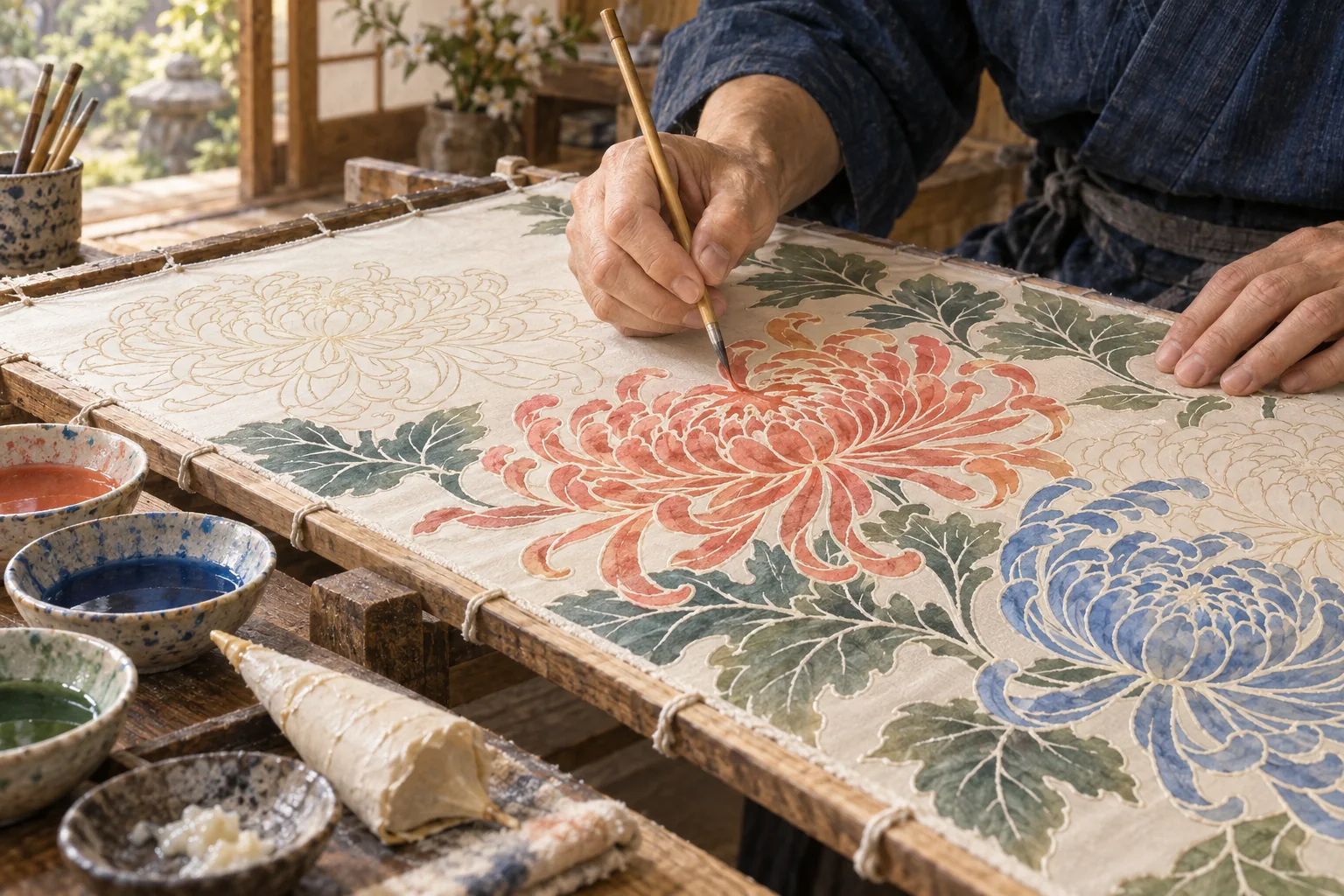 糊の輪郭に沿って絹の花模様に色を挿す友禅の手元