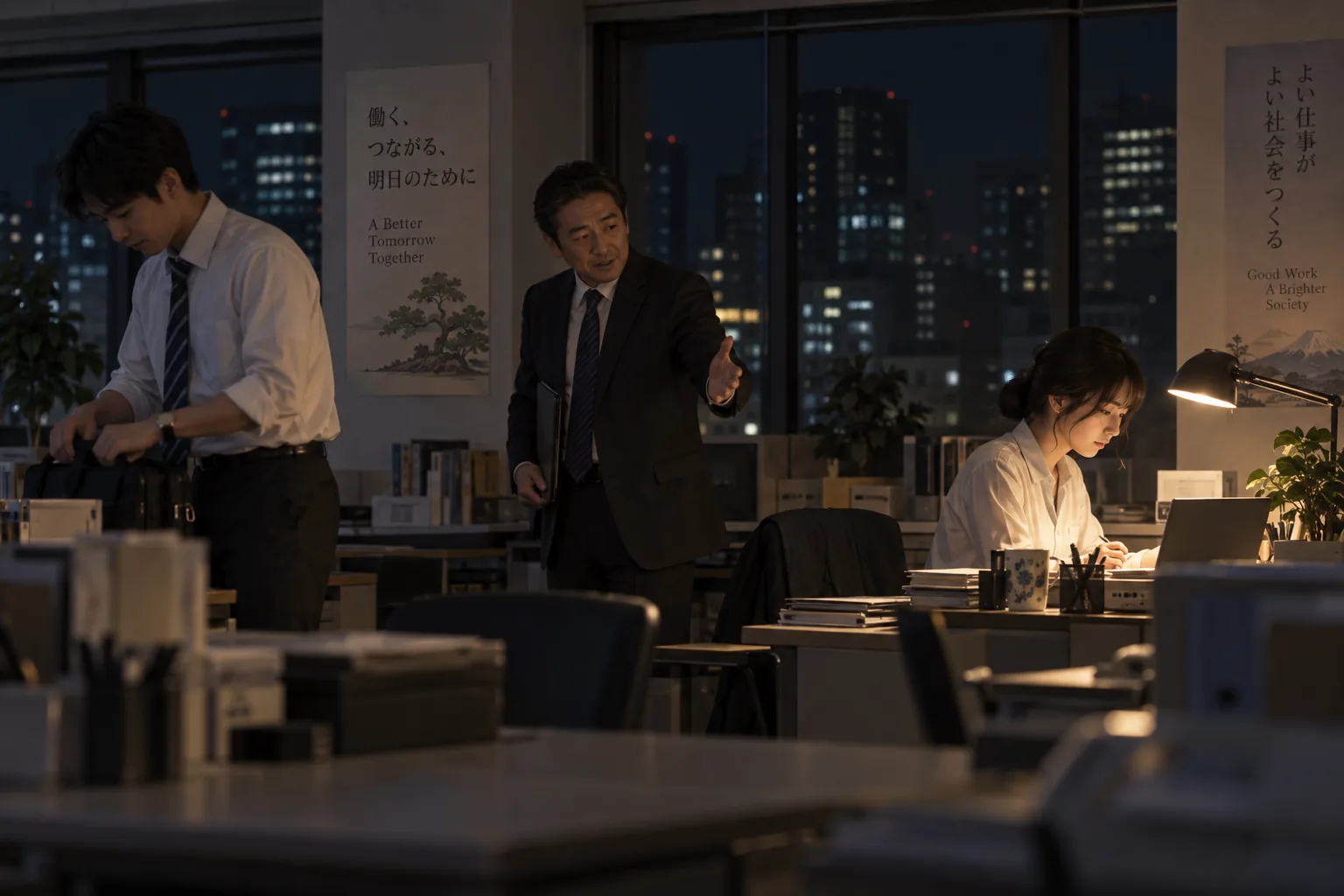 夜遅くまで残業する社員と帰宅を促す上司