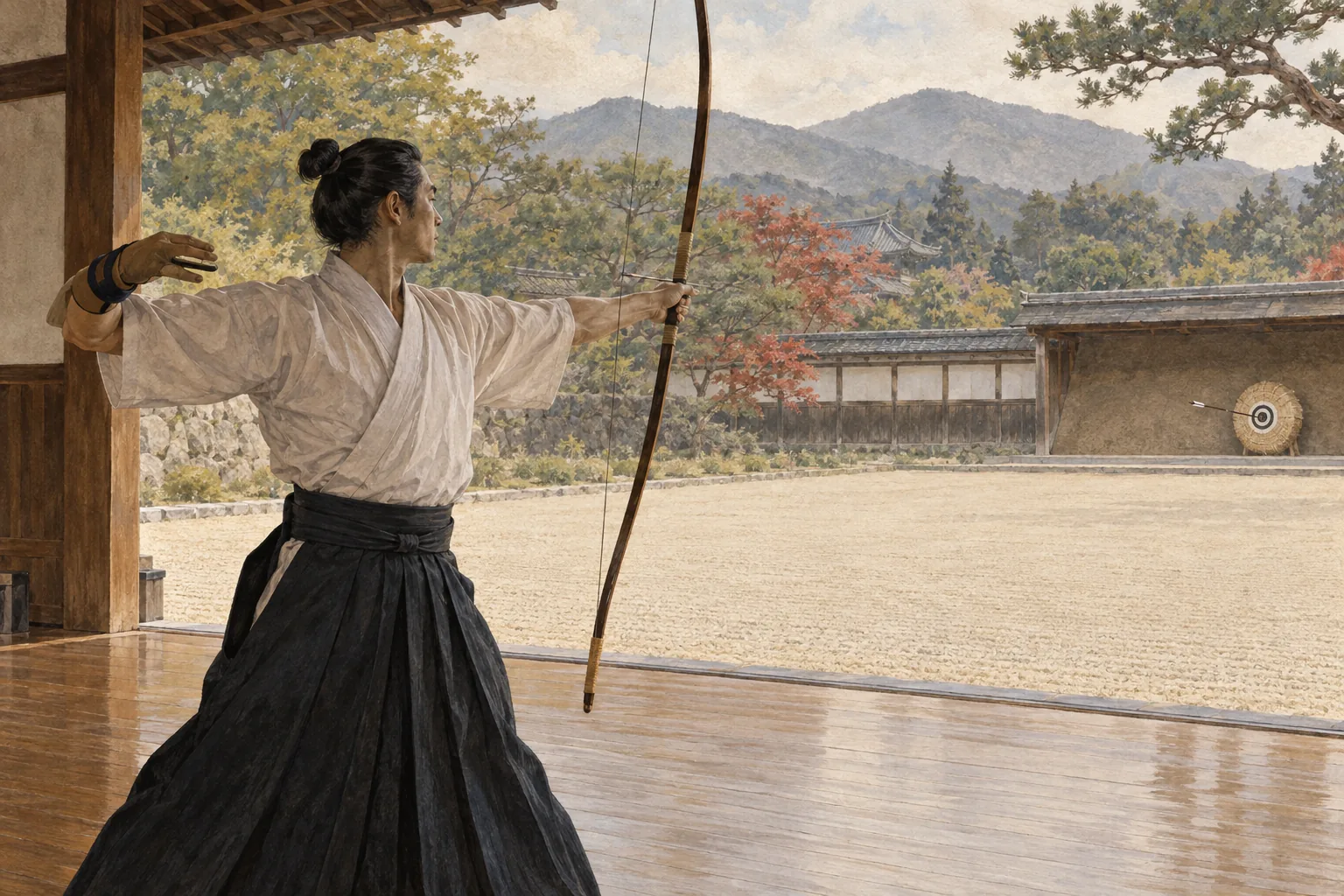 矢を放った後も姿勢と集中を保つ弓道の射手