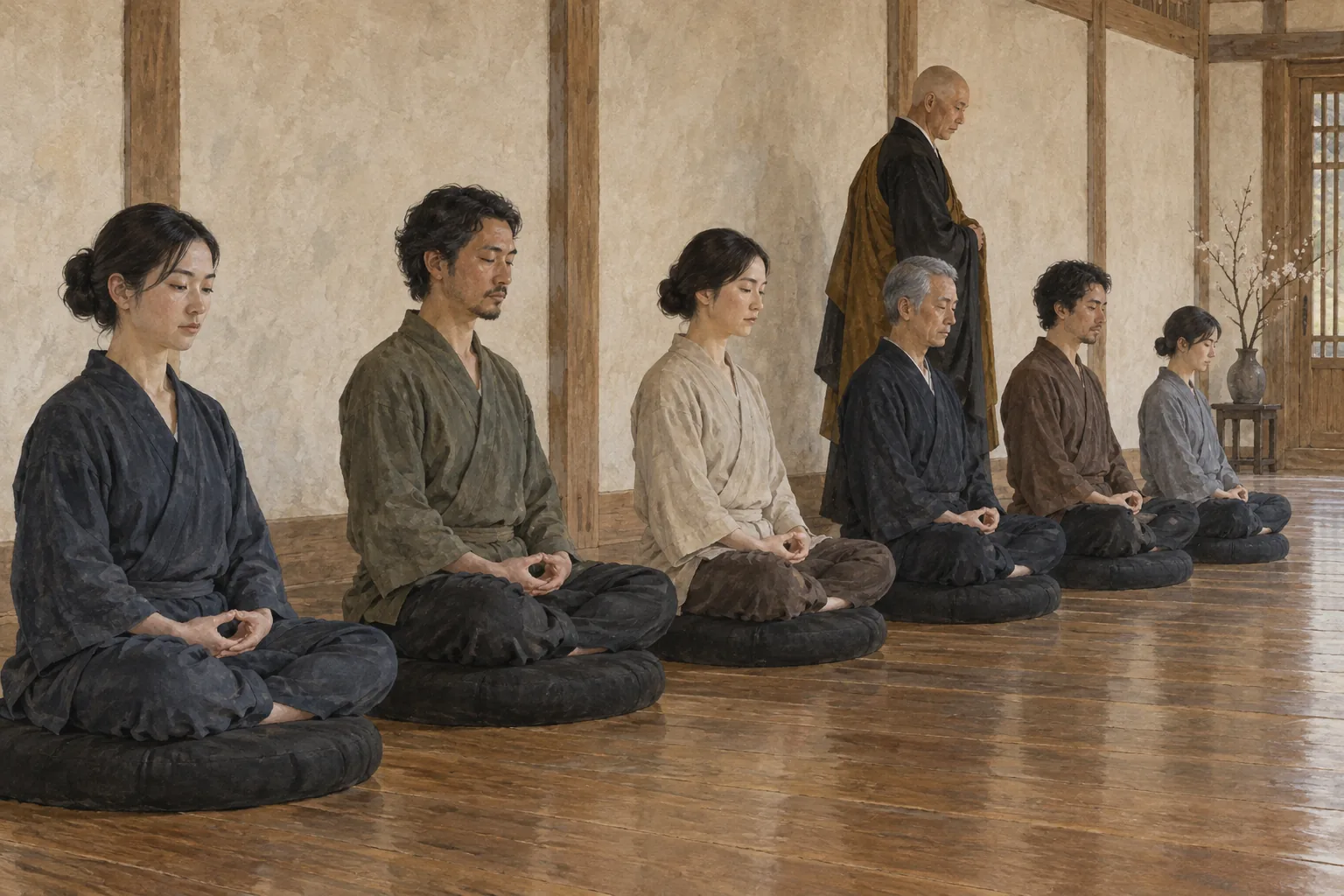 禅堂で坐禅を組む人々