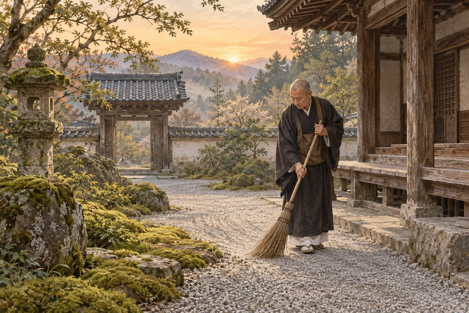 禅寺の静かな庭を掃く僧侶