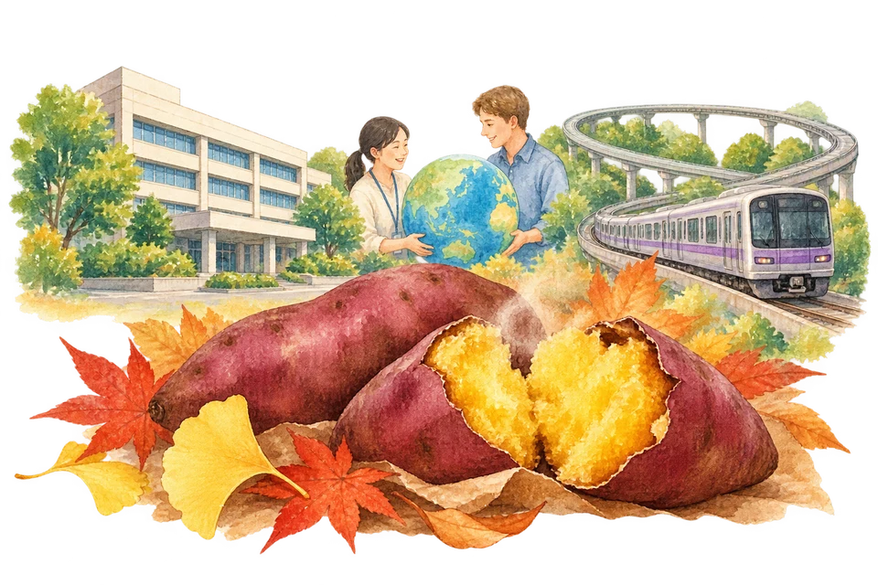 市役所、地球を囲んで協力する人々、地下鉄の環状線と焼き芋の水彩画