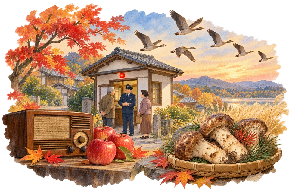 Watercolor of a police officer talking with residents outside a neighborhood police box, a vintage radio and red apples, migrating geese and matsutake mushrooms in a basket