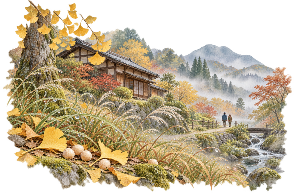 朝露をまとった秋草、木造の家、散歩する人と銀杏を描いた水彩画