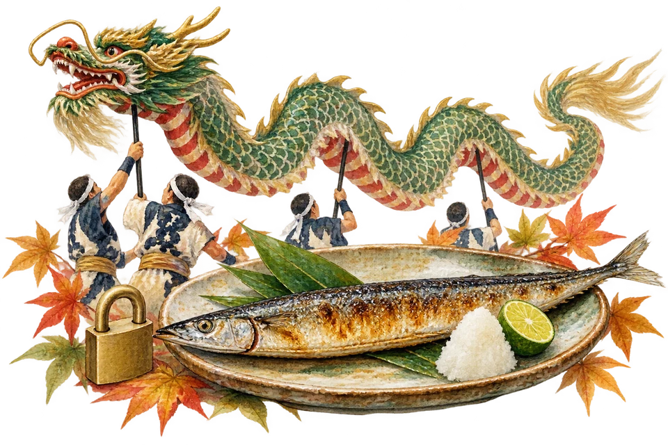 長崎くんちの龍踊、さんまの塩焼き、大根おろしとかんきつ、南京錠の水彩画