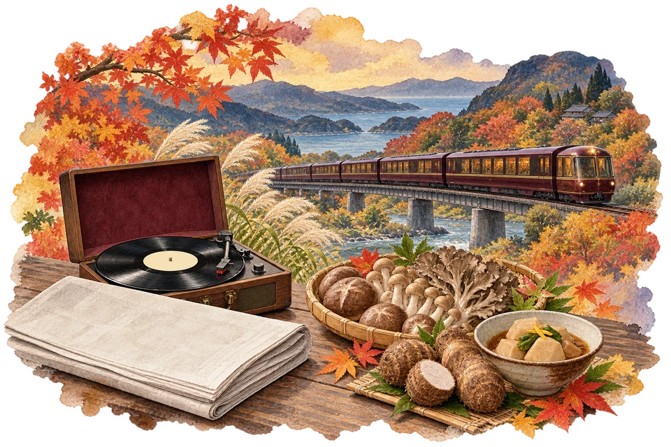 Watercolor of a blank newspaper and a record player, a basket of mushrooms, taro roots and stew, and a sleeper train in an autumn landscape