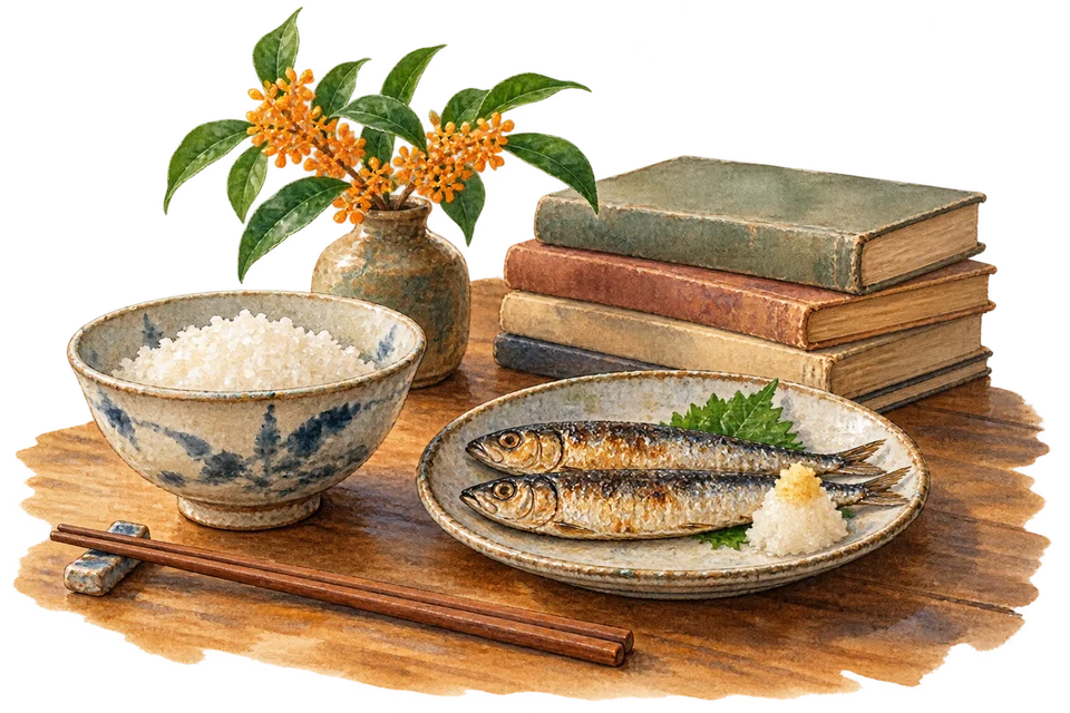 陶器のご飯茶碗、焼いたいわし、古本と金木犀の水彩画
