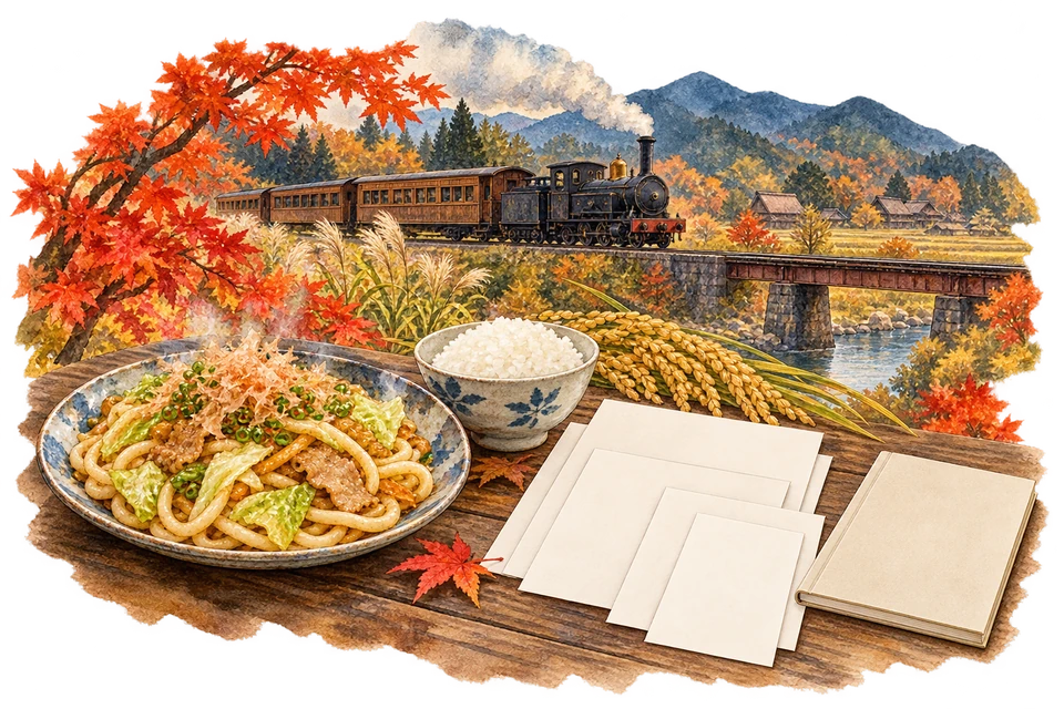 Watercolor of an early steam locomotive in an autumn landscape, yaki udon, blank paper sheets of different sizes and a plain notebook, freshly cooked new-crop rice and rice stalks