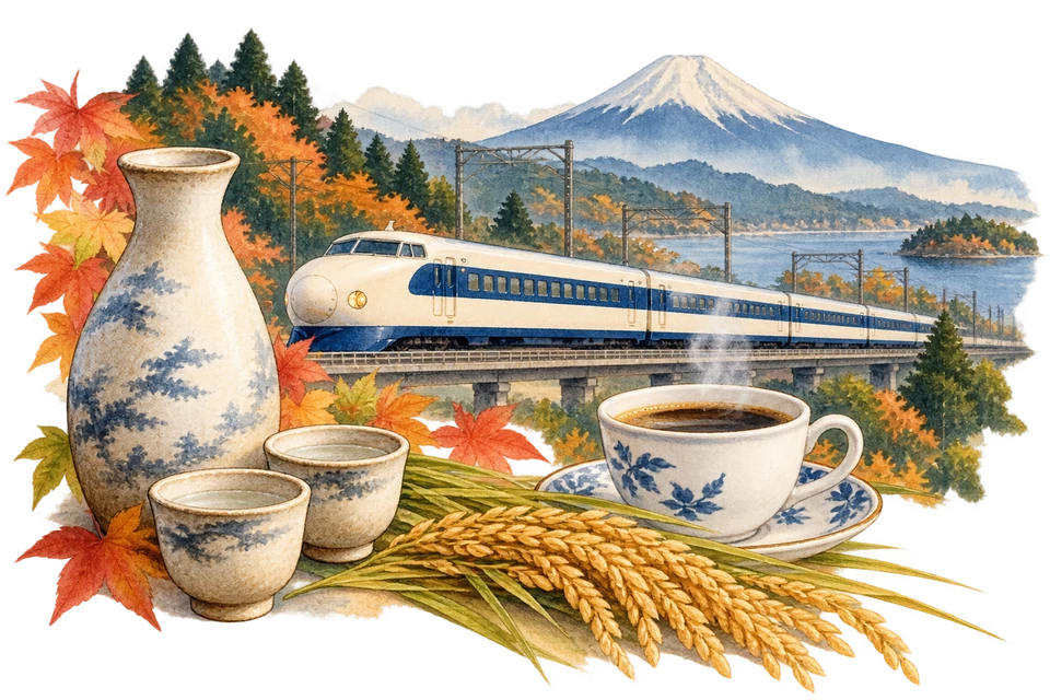 日本酒の徳利とお猪口、コーヒーカップ、新米の稲穂と初代新幹線の水彩画