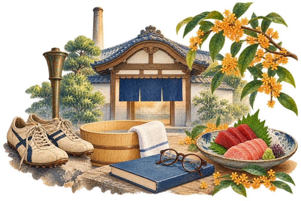 銭湯、運動靴と聖火のトーチ、湯桶とタオル、閉じた本と眼鏡、まぐろの刺身と金木犀の水彩画