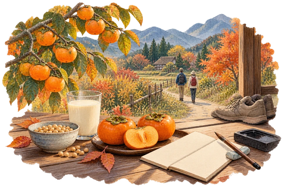 Watercolor of people walking along an autumn path, soy milk and soybeans, a blank poetry notebook with a brush and inkstone, persimmons and walking shoes