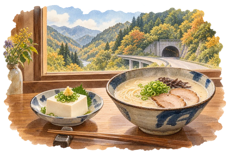 豆腐ととんこつラーメン、山間の道路トンネルを描いた水彩画