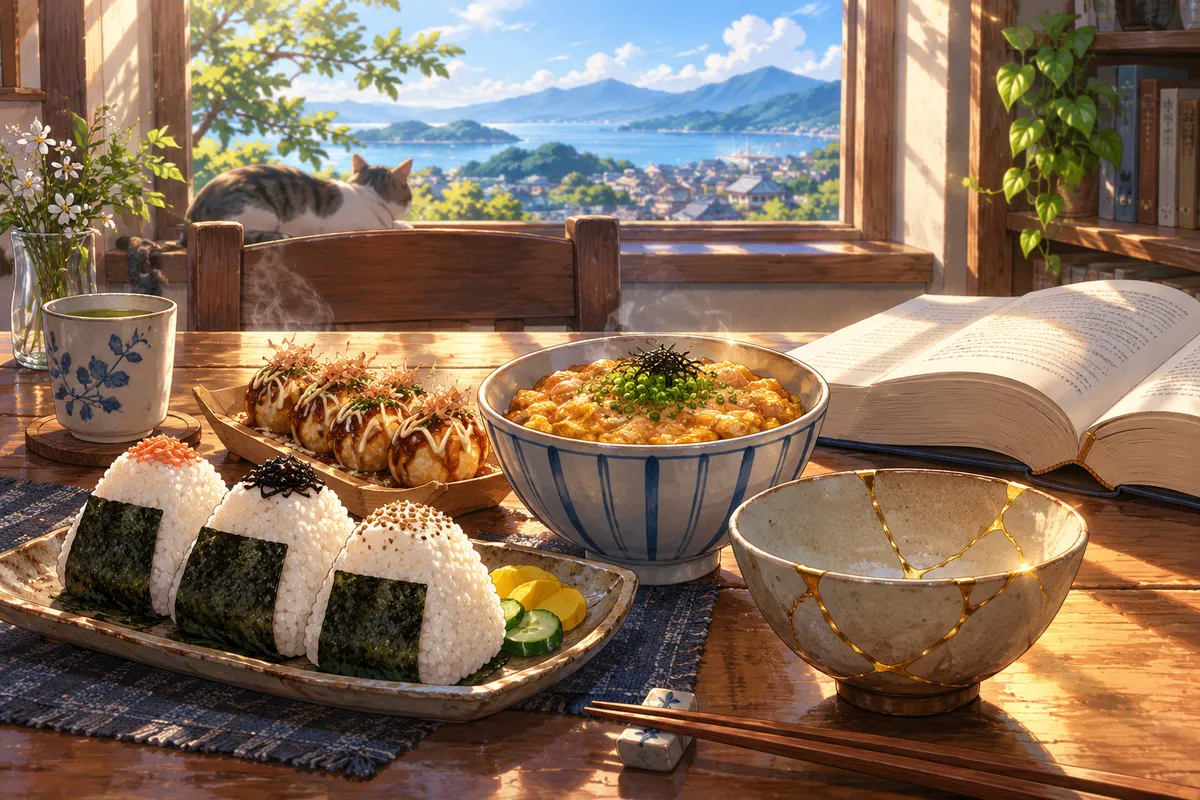 木のテーブルにおにぎり・たこ焼き・どんぶりと、金継ぎした器、開いた分厚い辞書が並んでいる