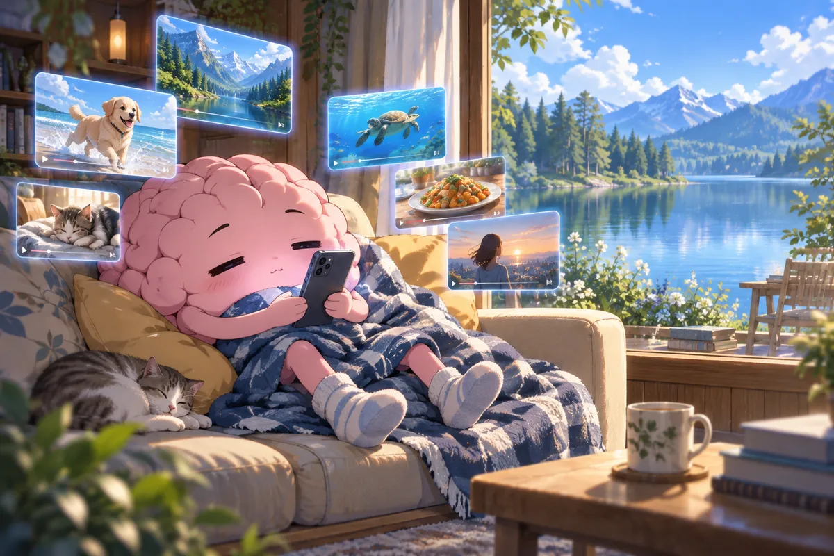 スマホを持ってソファでぐったりする脳のキャラクター。窓の外には静かな森と湖が見える
