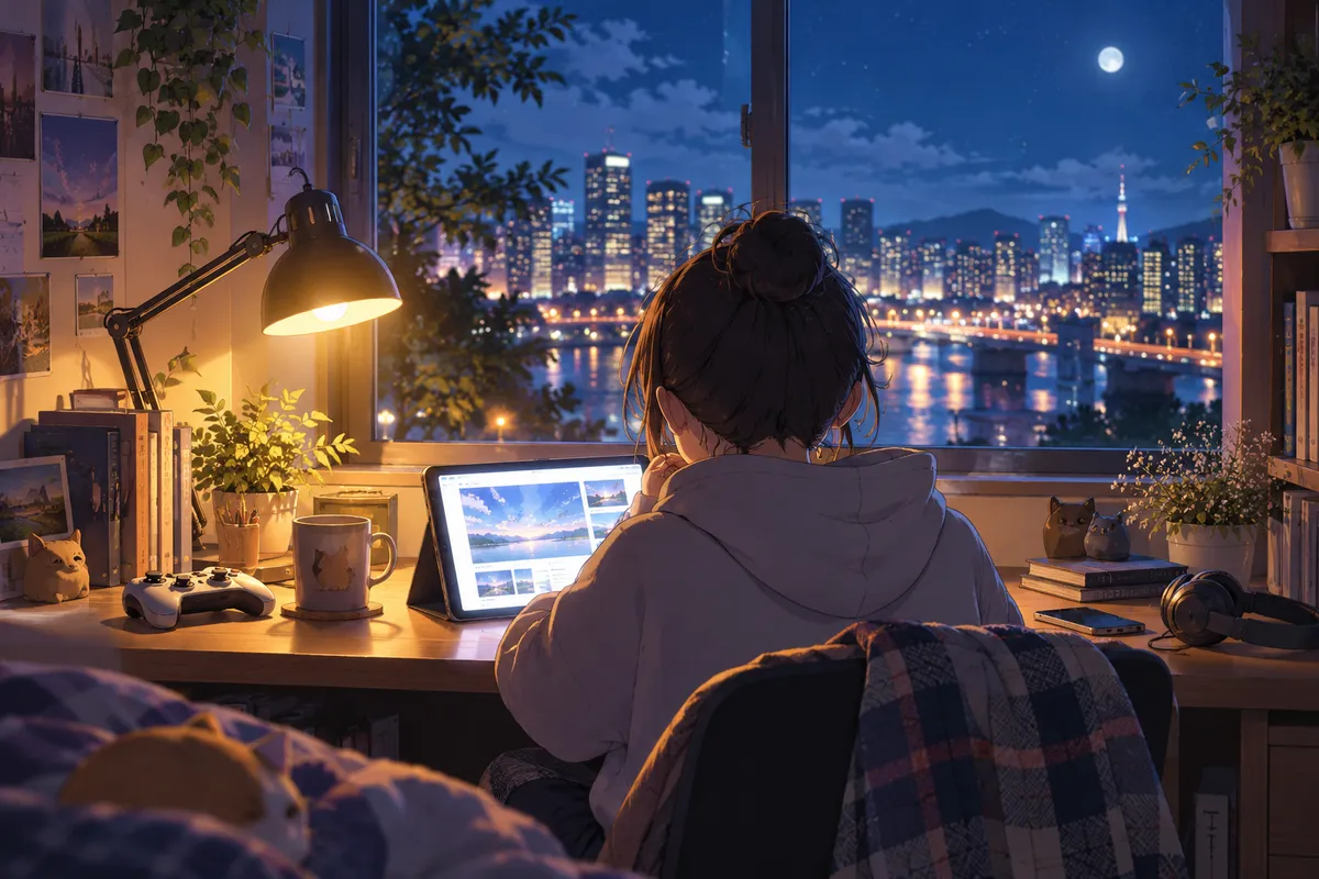 夜の勉強机に光るタブレットとゲームのコントローラー。窓の外の遠くの街並みがぼやけて見える