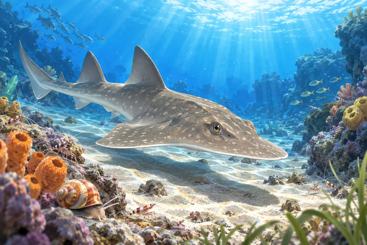砂の海底の上を泳ぐギターのような形のサメと、まわりの巻き貝やカイメン