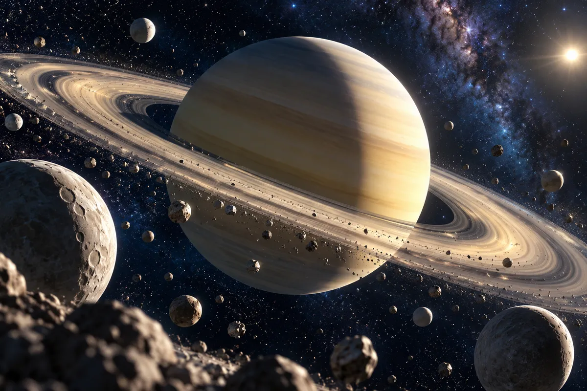 環をもつ土星のまわりに、小石のような小さな衛星がたくさん散らばっている様子