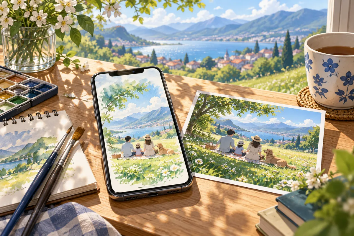 机の上のスマホに、草原でピクニックをする家族の水彩画風の絵。となりには同じ場面のふつうの写真と絵筆