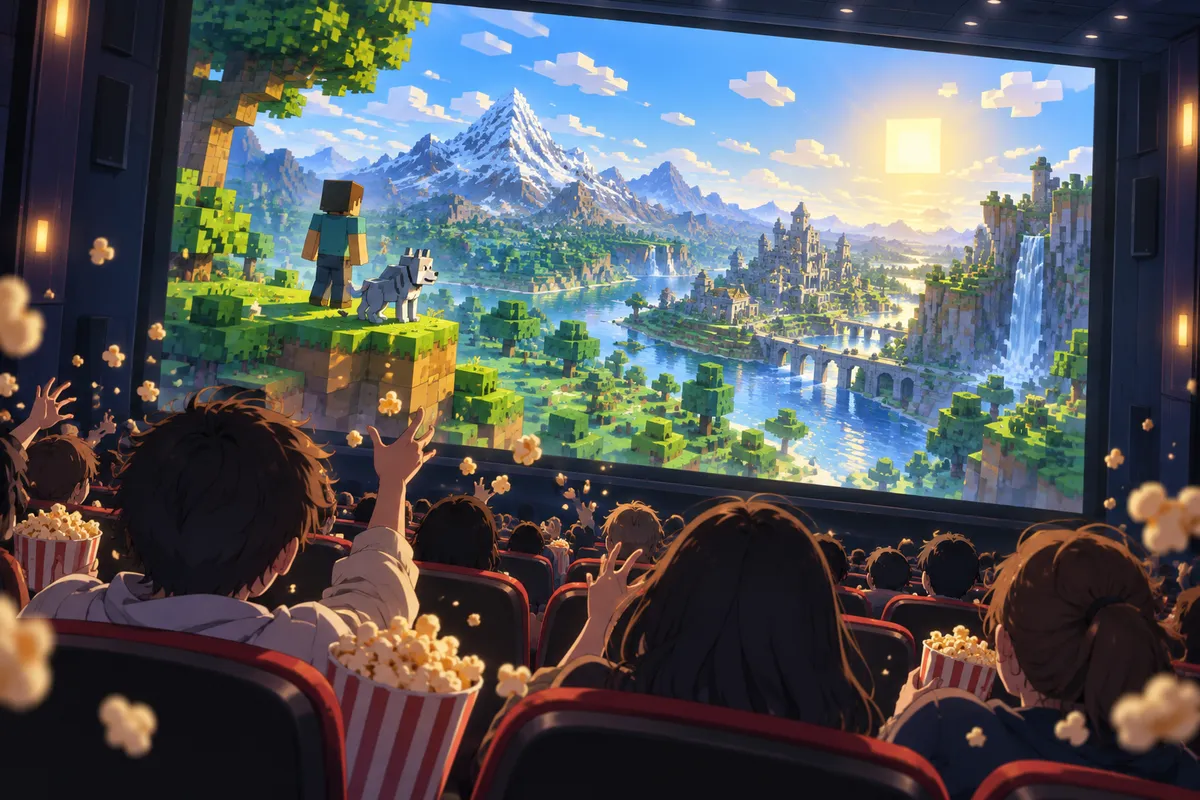 暗い映画館で盛り上がる観客。座席の上をポップコーンが舞い、スクリーンにはブロックでできた風景が映っている