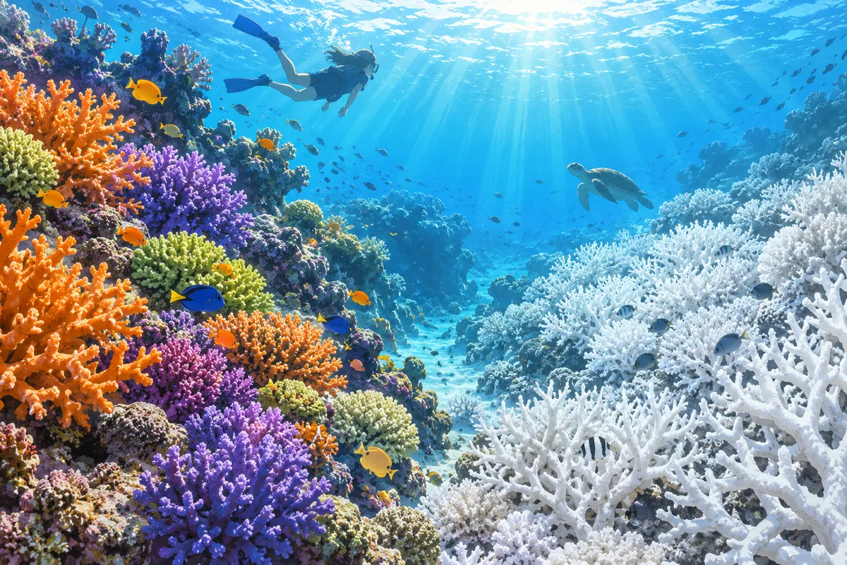 半分は色あざやかで、半分は白くなったサンゴ礁と、その間を泳ぐ小さな魚たち