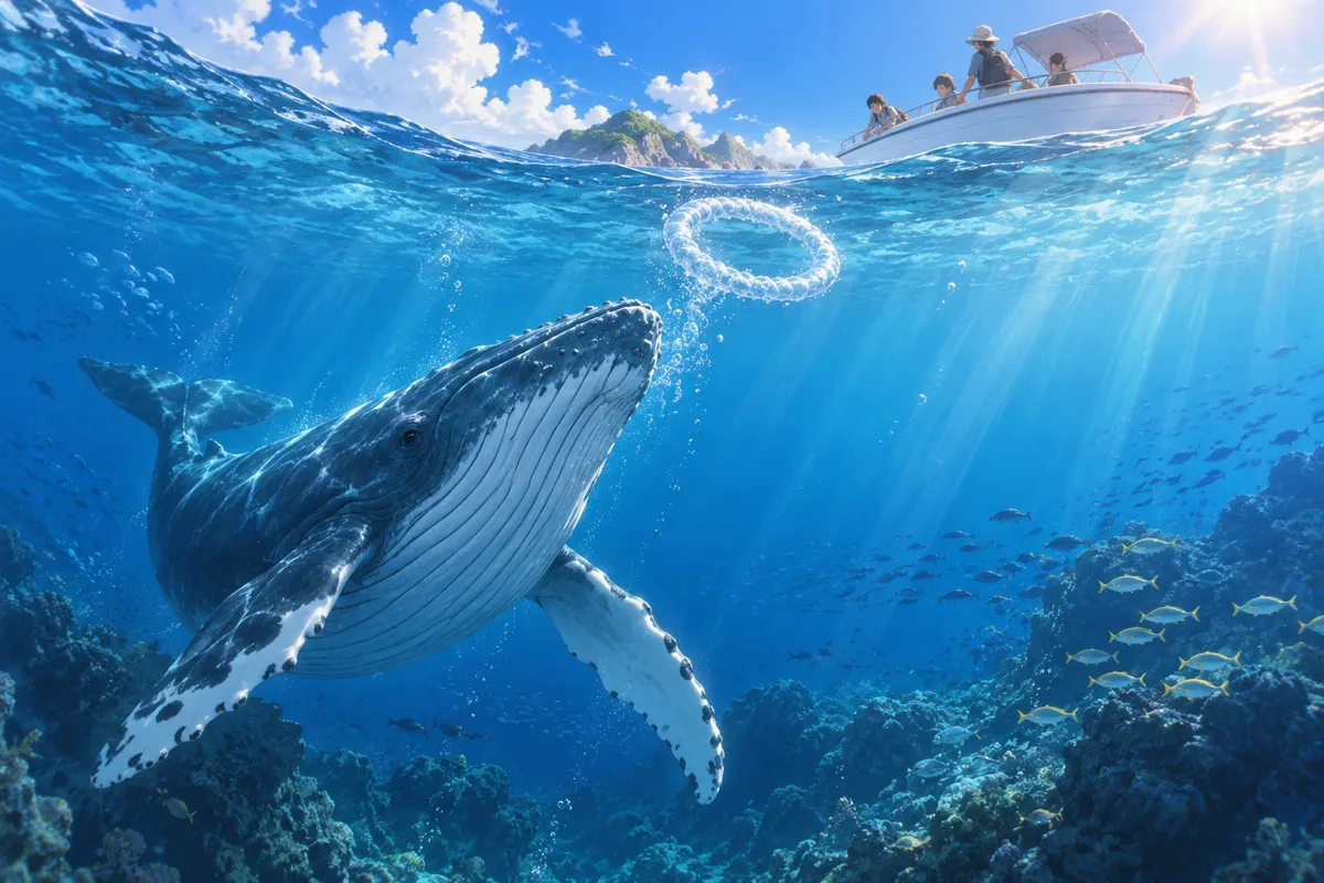水中でドーナツ形の泡の輪を吹くザトウクジラと、水面に浮かぶ小さなボート