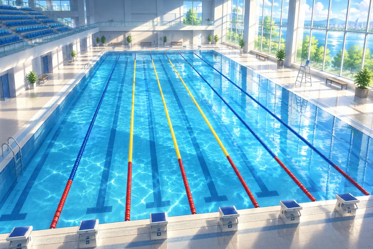 上から見た屋内プール。カラフルなコースロープが並ぶ青い水面