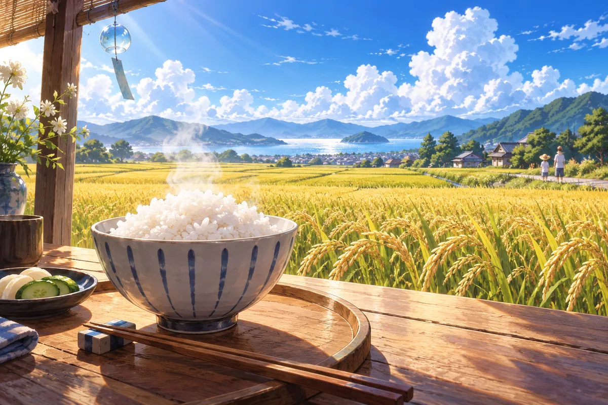 湯気の立つ炊きたてのごはん。うしろには夏の空の下に広がる黄金色の田んぼ