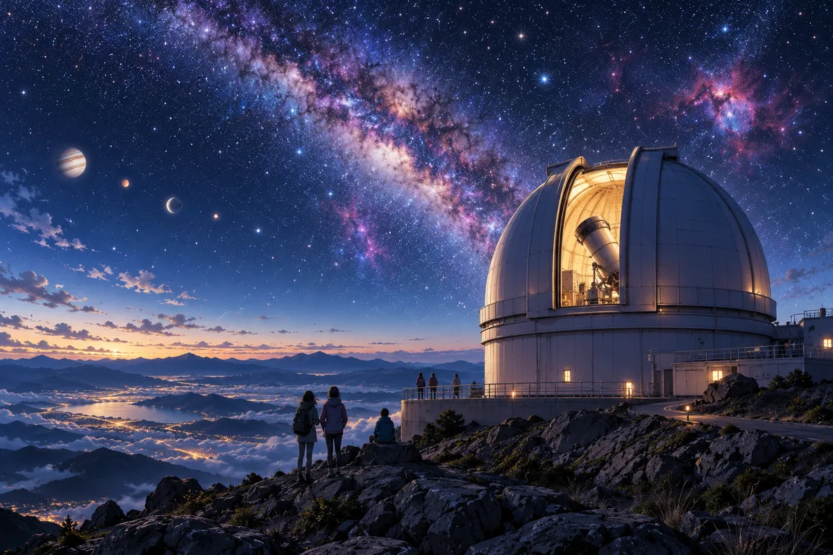 星と星雲が広がる夜空の下、山の頂上で開いている天文台のドーム