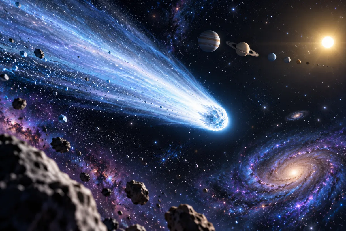 長い尾をひいて星々の間を飛んでいく、光るすい星