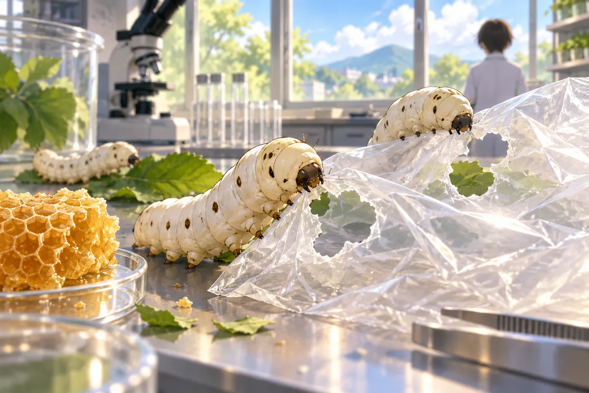 研究室の机の上で、くしゃくしゃのビニール袋に穴をあけて食べるクリーム色のイモムシたち。そばにハチの巣のかけら