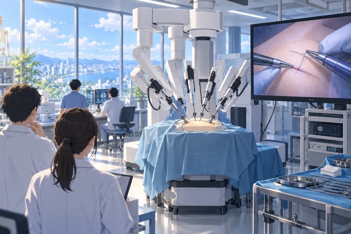 明るい実験室で、細いアームを持つ白い手術ロボットが練習用の模型に向かって作業している