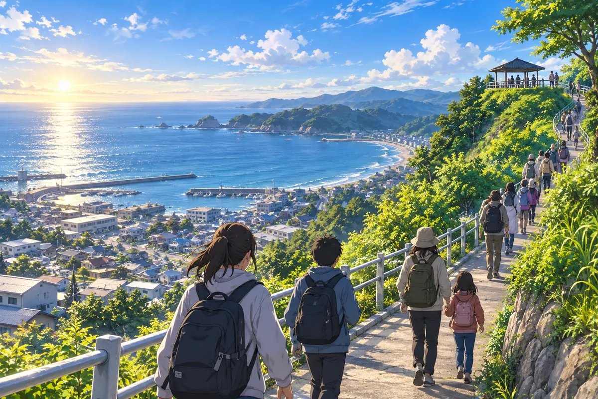 朝の海辺の町から、緑の丘の上の高台へ向かって人々がいっしょに避難している様子