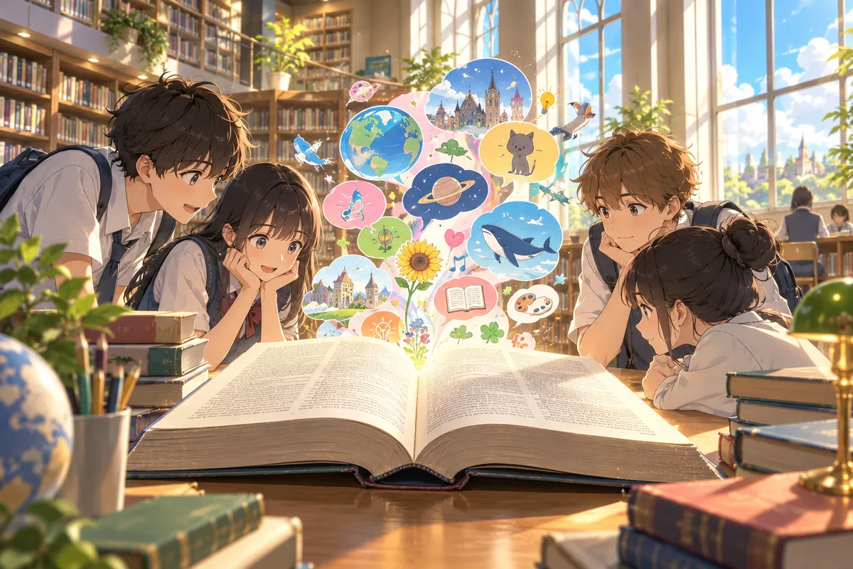 図書館の机の上で開いた大きな辞書から、カラフルな吹き出しが飛び出し、若者たちがのぞきこんでいる