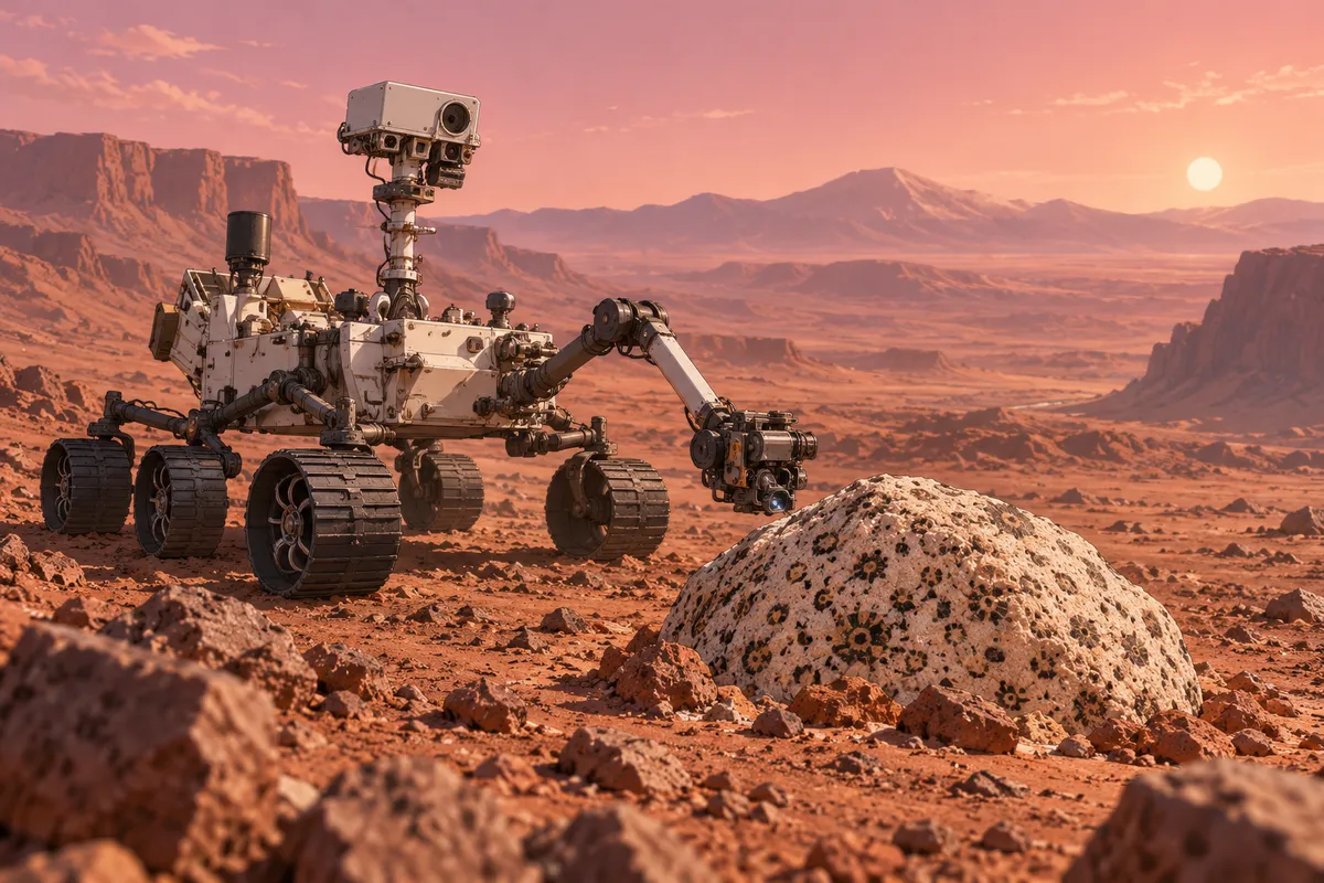 火星の赤い地面で、ヒョウ柄のような斑点のある岩を調べる探査車