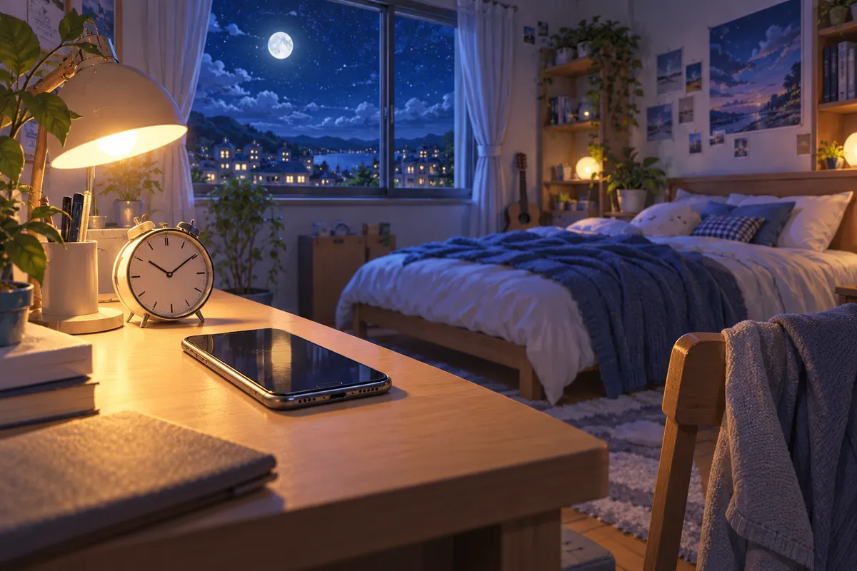 夜の部屋の机の上に置かれたスマホと目覚まし時計。そばには眠る準備ができたベッドがある