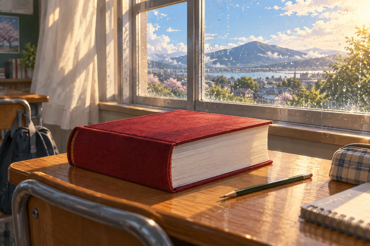 雨つぶのついた窓辺の机の上に置かれた、深い赤の表紙の分厚い辞書