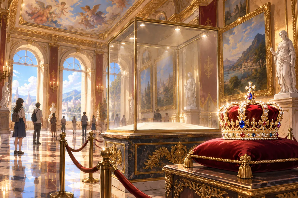 天井画のある金色の展示室。からっぽのガラスケースと、ビロードのクッションに置かれた王冠